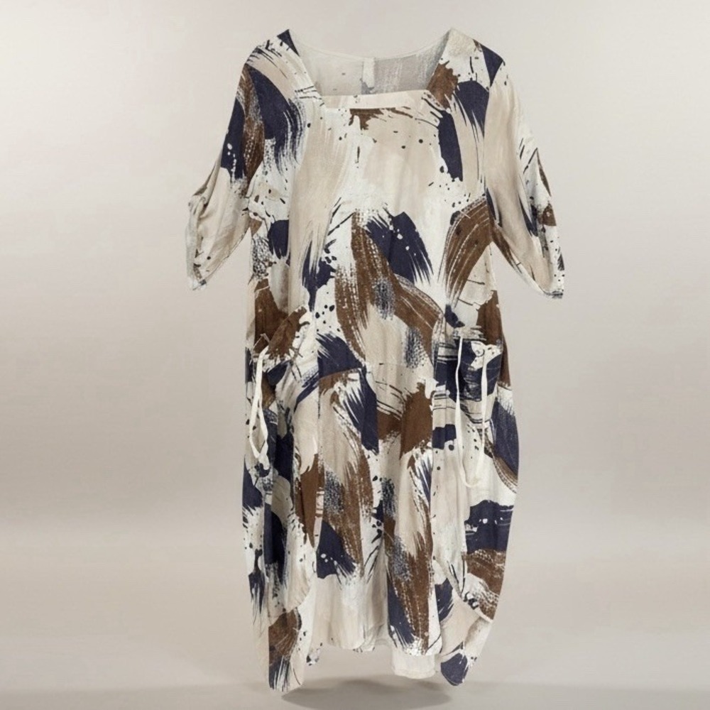 Size M Italy‎ Artsy Abstract Lagenlook Linen Cotton Dress Oversized Boho Pockets